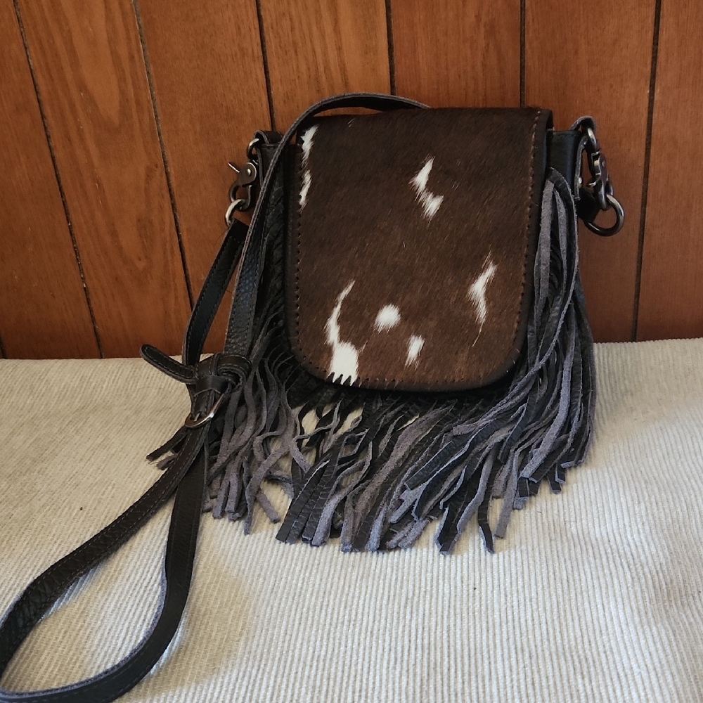 Fringe Leather Crossbody Bag - Brown and Black